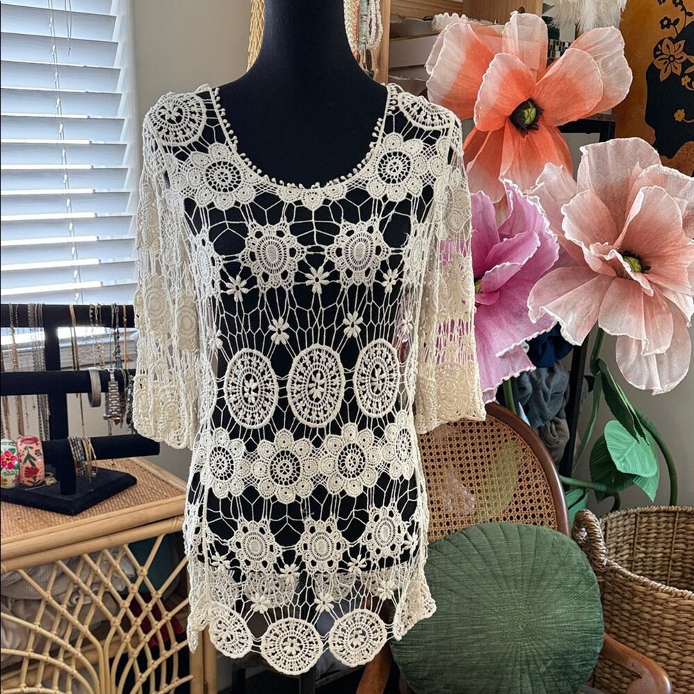 Grace & Lace Cream Cutwork Crochet Lace Open Weave Boho Hippie Blouse Tunic Top